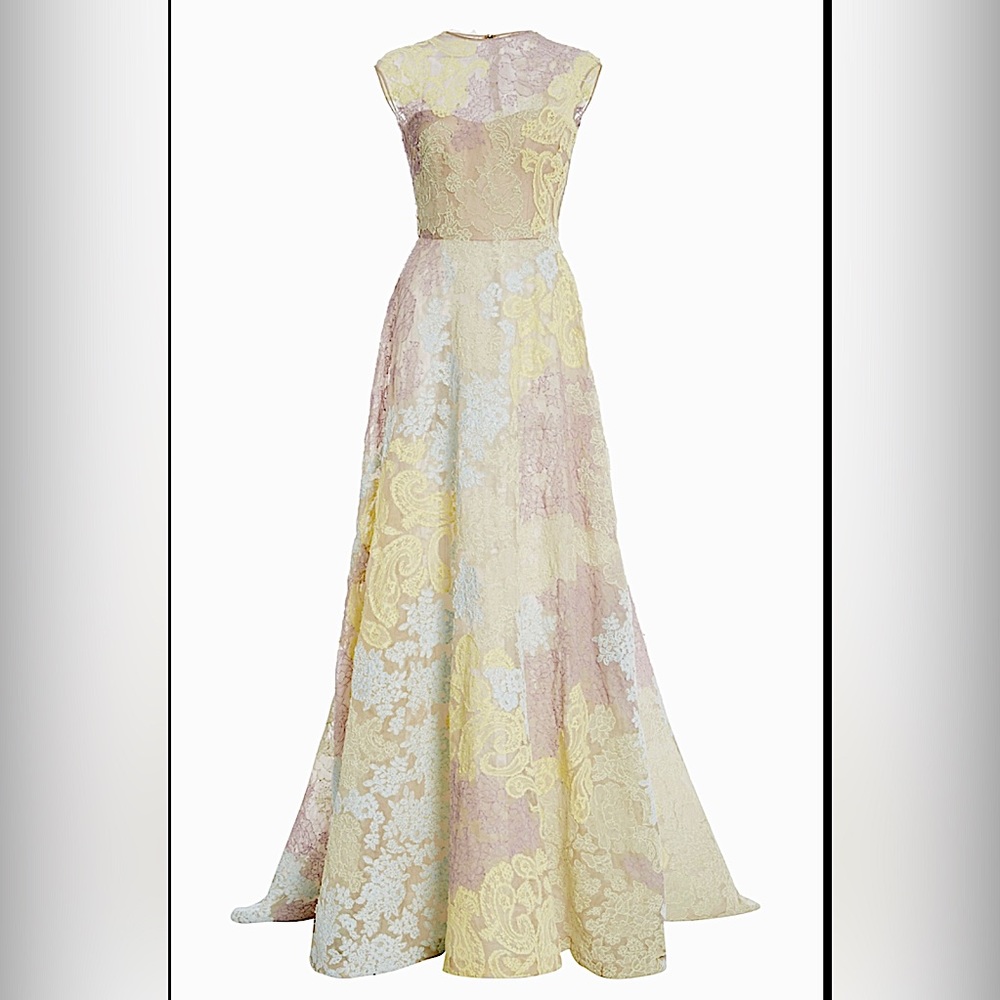 COPY - PASTEL PATCHWORK LACE EMBROIDERED MONIQUE LHULLIER HIGH LOW GOWN